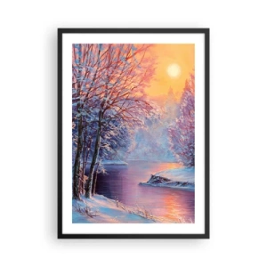 Póster en marco negro - Paisaje invernal con un río bajo el resplandor del sol poniente. - 50x70cm - Colores del invierno - Decoración de pared moderna para salón y dormitorio ARTTOR