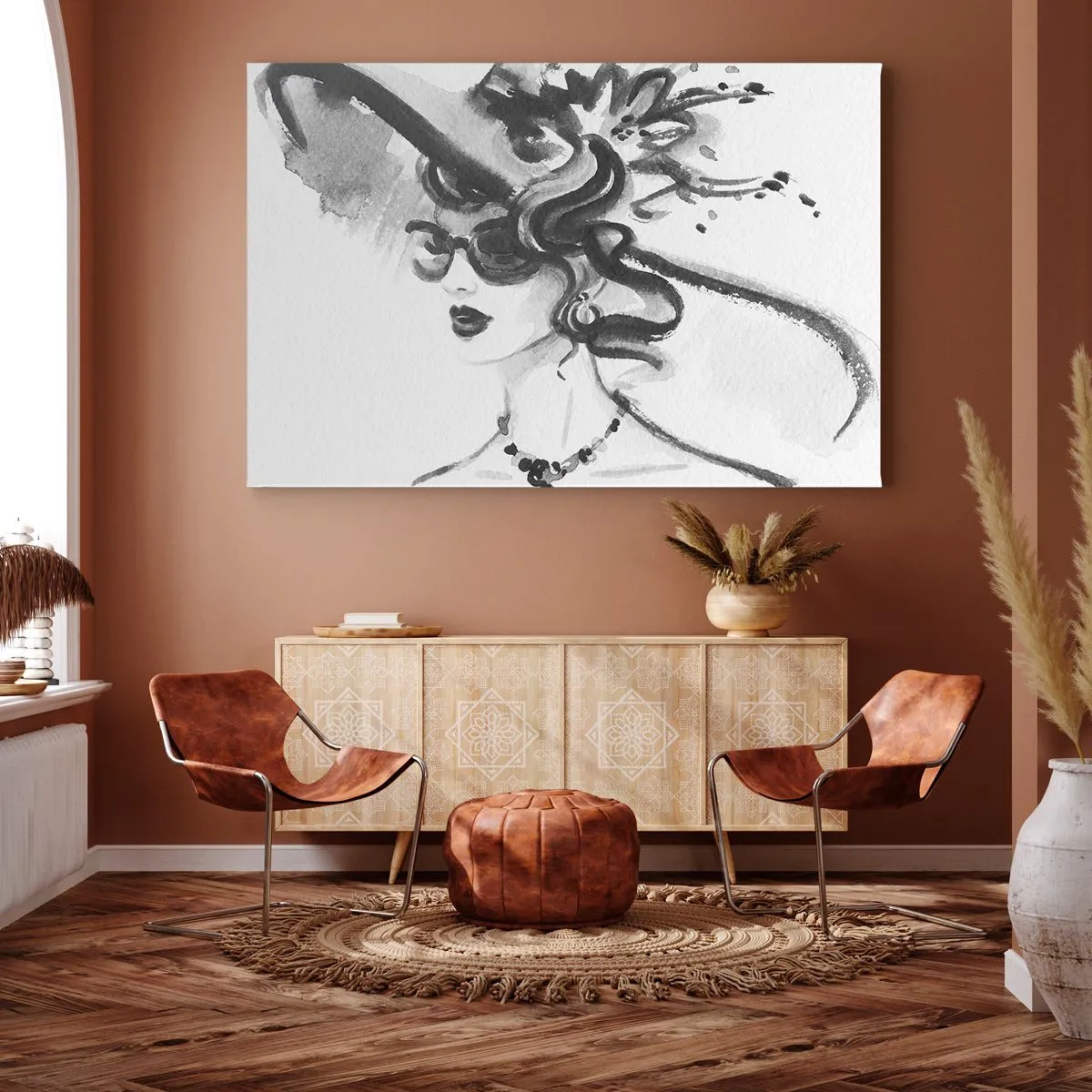 Cuadro sobre lienzo - Impresión de Imagen - Mujer elegante con sombrero en estilo blanco y negro - 70x50cm - Una dama con carácter - Decoración de pared moderna para salón y dormitorio ARTTOR