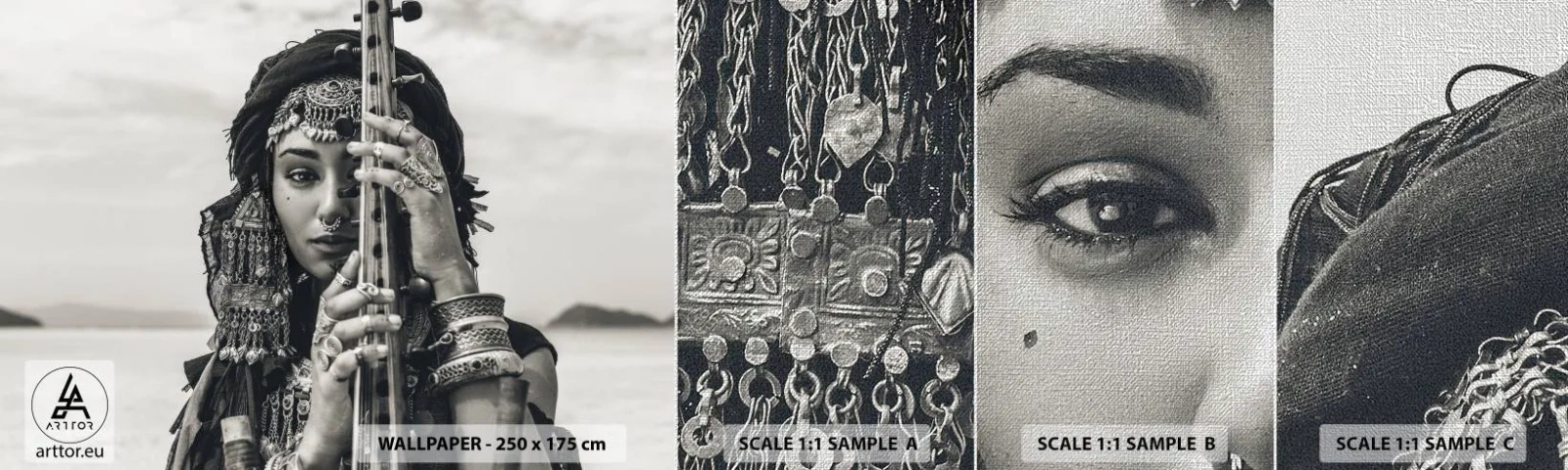 Muestra de fotomural Premium Canvas - La música propia de Oriente - Mujer, bohemia, Joyas - 100x30 cm