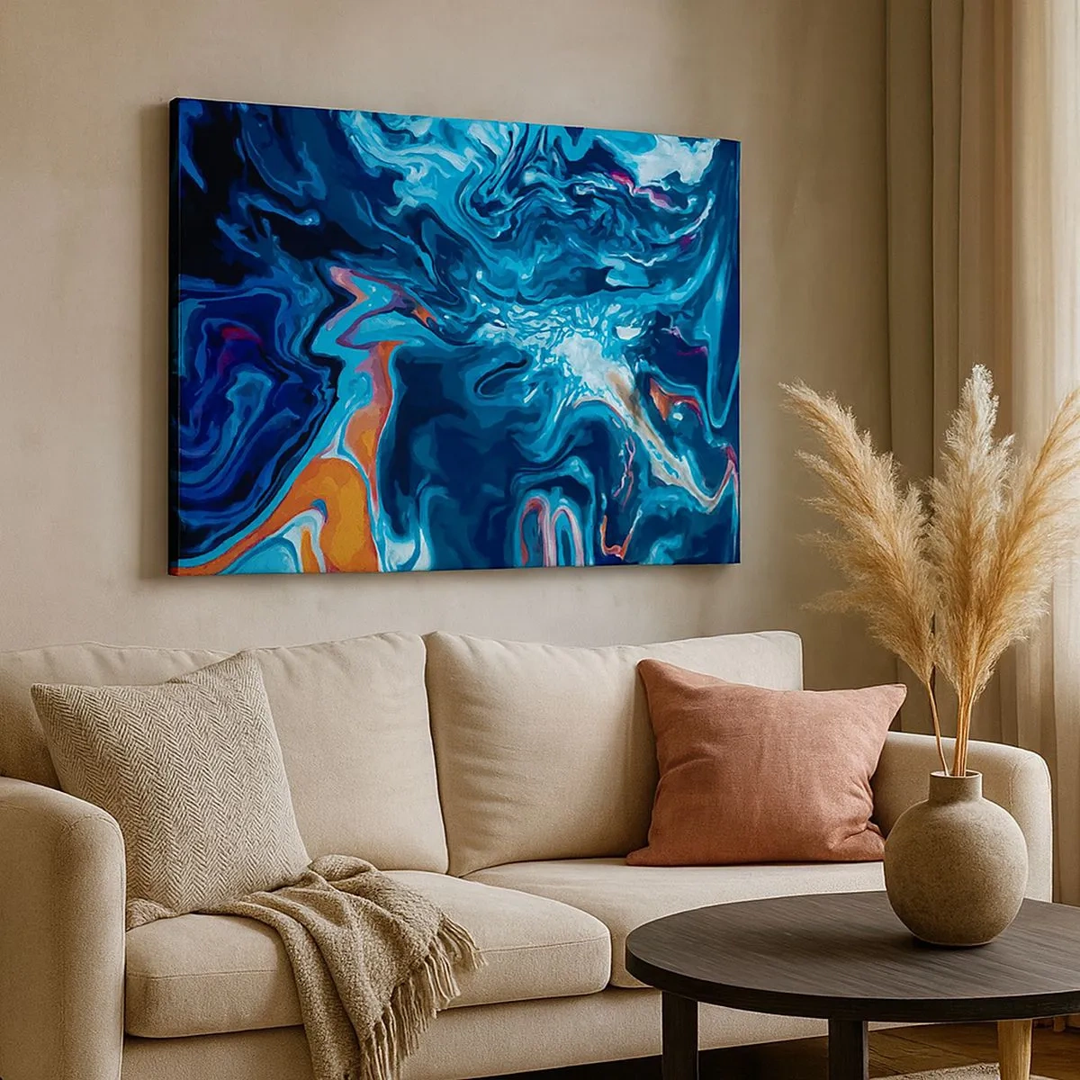 Cuadro sobre lienzo - Impresión de Imagen - Un patrón abstracto en tonos azules con acentos naranjas. - 70x50cm - Un viaje al cielo - Decoración de pared moderna para salón y dormitorio ARTTOR