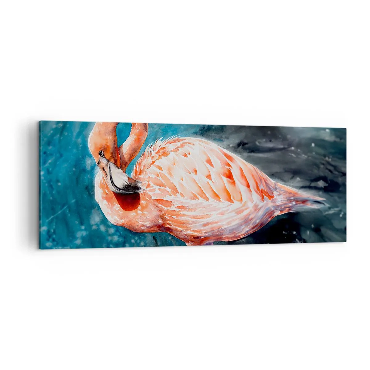 Cuadro sobre lienzo - Impresión de Imagen - Un flamenco rosa sobre un fondo azul de acuarela. - 140x50cm - Decorativo por naturaleza - Decoración de pared moderna para salón y dormitorio ARTTOR