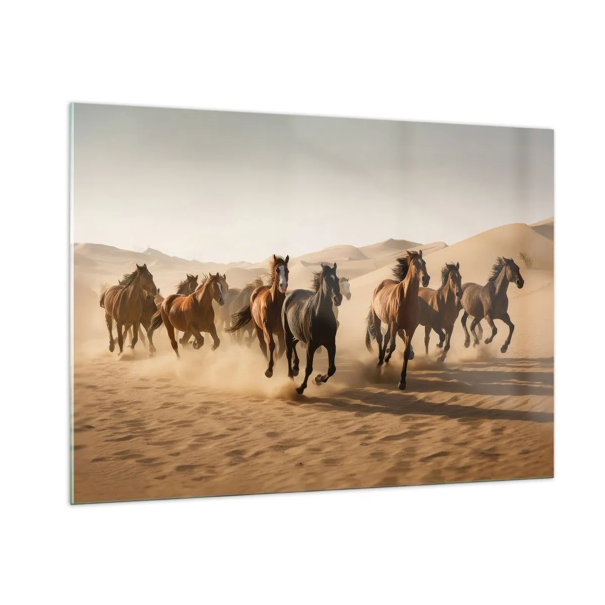 Cuadro sobre vidrio - Impresiones sobre Vidrio - Una manada de caballos al galope en el desierto entre las dunas de arena. - 100x70cm - Libre como el viento - Decoración de pared moderna para salón y dormitorio ARTTOR