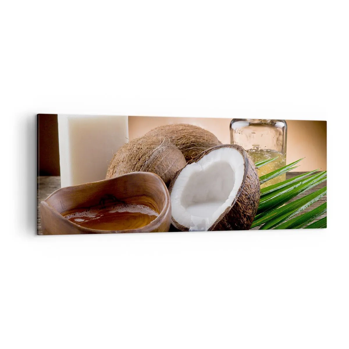 Cuadro sobre lienzo - Impresión de Imagen - Cocos, vela y aceite sobre fondo de madera. - 140x50cm - Salud de las islas tropicales - Decoración de pared moderna para salón y dormitorio ARTTOR