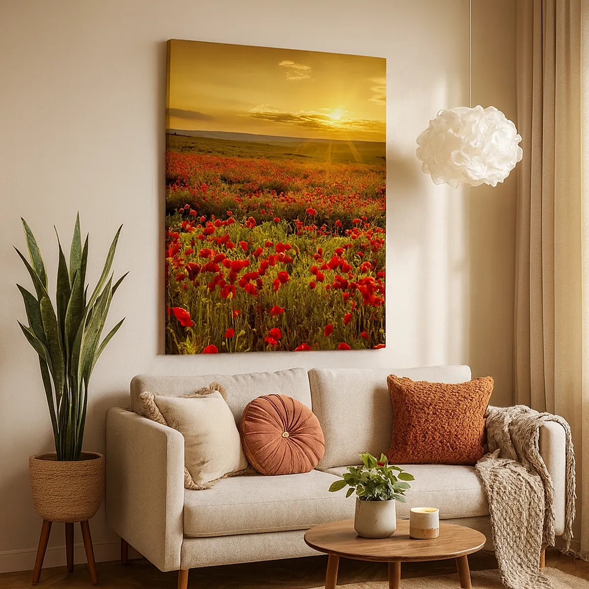 Cuadro sobre lienzo - Impresión de Imagen - Un campo de amapolas rojas bajo el resplandor del sol poniente. - 50x70cm - Entre los campos de flores - Decoración de pared moderna para salón y dormitorio ARTTOR