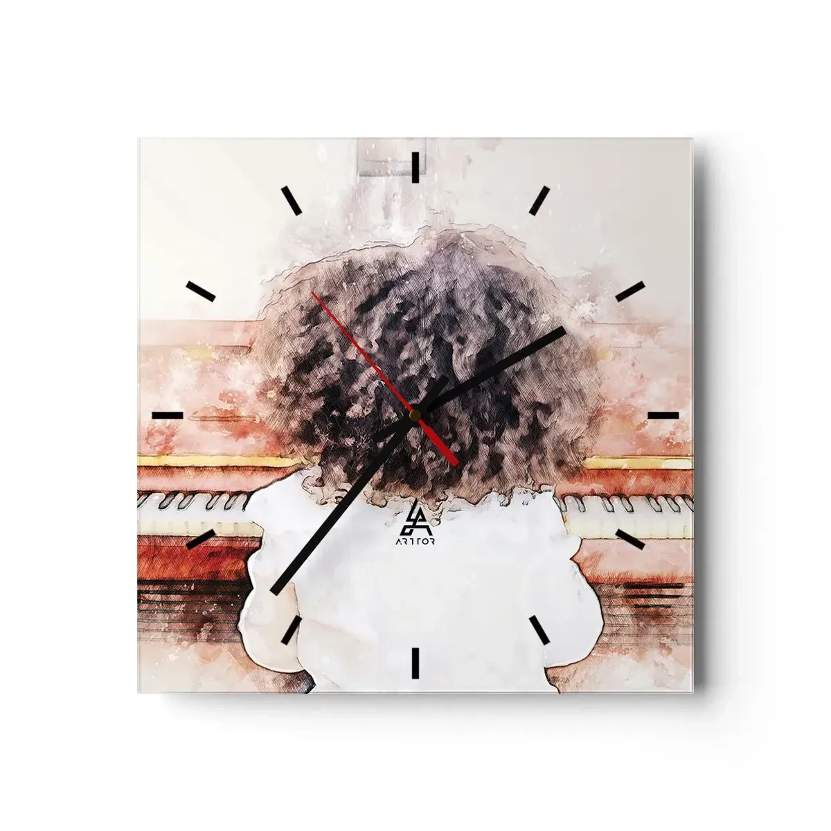 Reloj de pared - Reloj de vidrio - Una chica con cabello tupido al piano - 30x30cm - Descubriendo un mundo nuevo - Decoración de pared moderna para salón y dormitorio ARTTOR