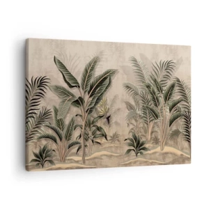 Cuadro sobre lienzo - Impresión de Imagen - Palmeras y vegetación tropical en tonos verdes sobre fondo beige. - 70x50cm - Grabados de estilo colonial - Decoración de pared moderna para salón y dormitorio ARTTOR