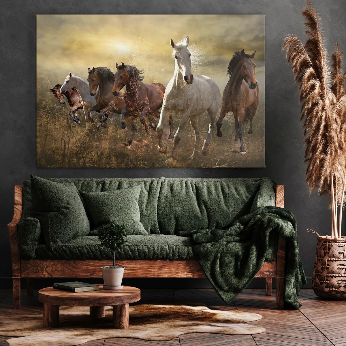Cuadro sobre lienzo - Impresión de Imagen - Un grupo de caballos al galope con el sol poniente como telón de fondo. - 70x50cm - ¡Viva la libertad! - Decoración de pared moderna para salón y dormitorio ARTTOR