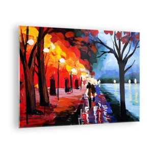 Cuadro sobre vidrio - Impresiones sobre Vidrio - Una pareja caminando en un parque colorido al atardecer. - 70x50cm - Otoño en el parque - Decoración de pared moderna para salón y dormitorio ARTTOR