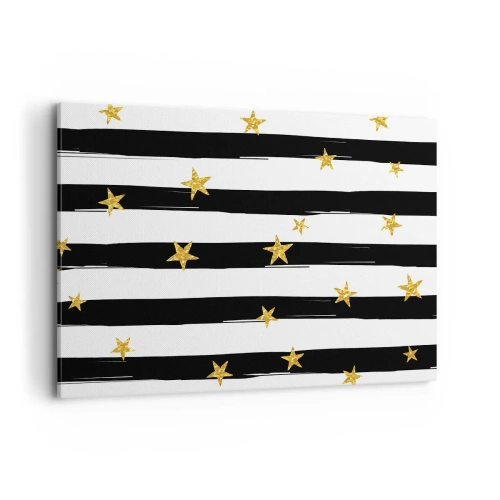 Cuadro sobre lienzo - Impresión de Imagen - Rayas blancas y negras con estrellas doradas - 100x70cm - Todos hemos nacido bajo una estrella de la suerte - Decoración de pared moderna para salón y dormitorio ARTTOR