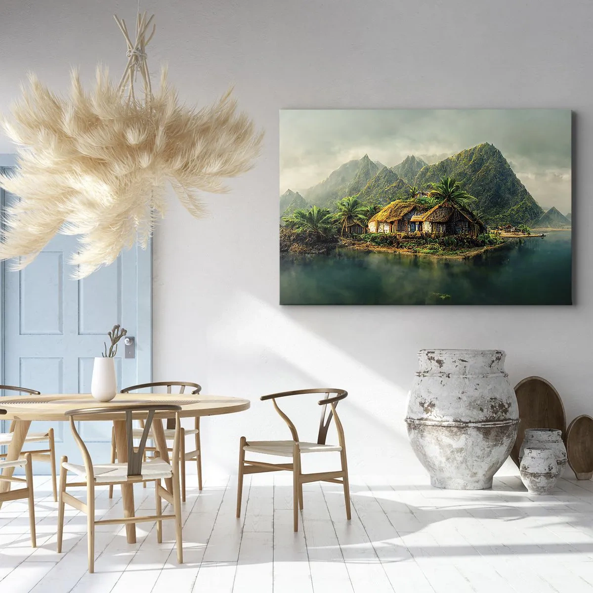 Cuadro sobre lienzo - Impresión de Imagen - Una isla tropical con palmeras y montañas al fondo. - 120x80cm - Paraíso tropical - Decoración de pared moderna para salón y dormitorio ARTTOR