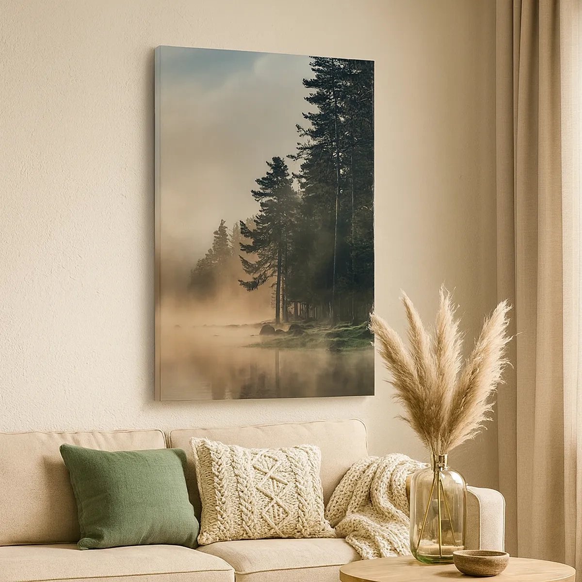 Cuadro sobre lienzo - Impresión de Imagen - Un bosque brumoso sobre un lago tranquilo. - 50x70cm - El nacimiento de un día - Decoración de pared moderna para salón y dormitorio ARTTOR
