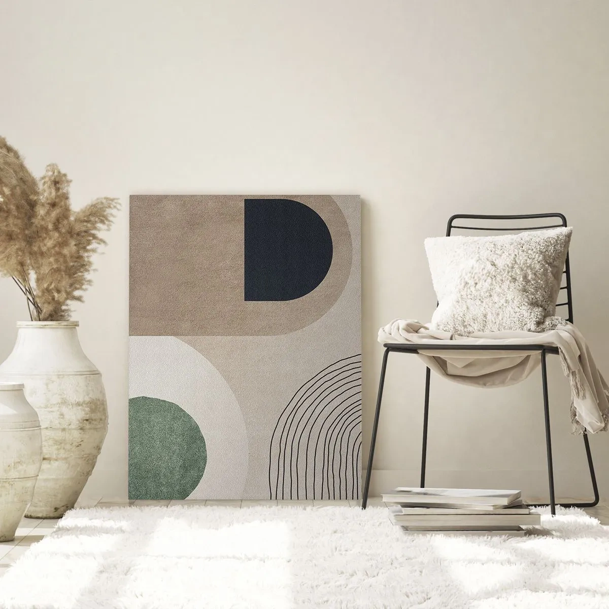 Cuadro sobre vidrio - Impresiones sobre Vidrio - Formas geométricas en tonos beige y verde. - 80x120cm - La delicadeza de un óvalo - Decoración de pared moderna para salón y dormitorio ARTTOR