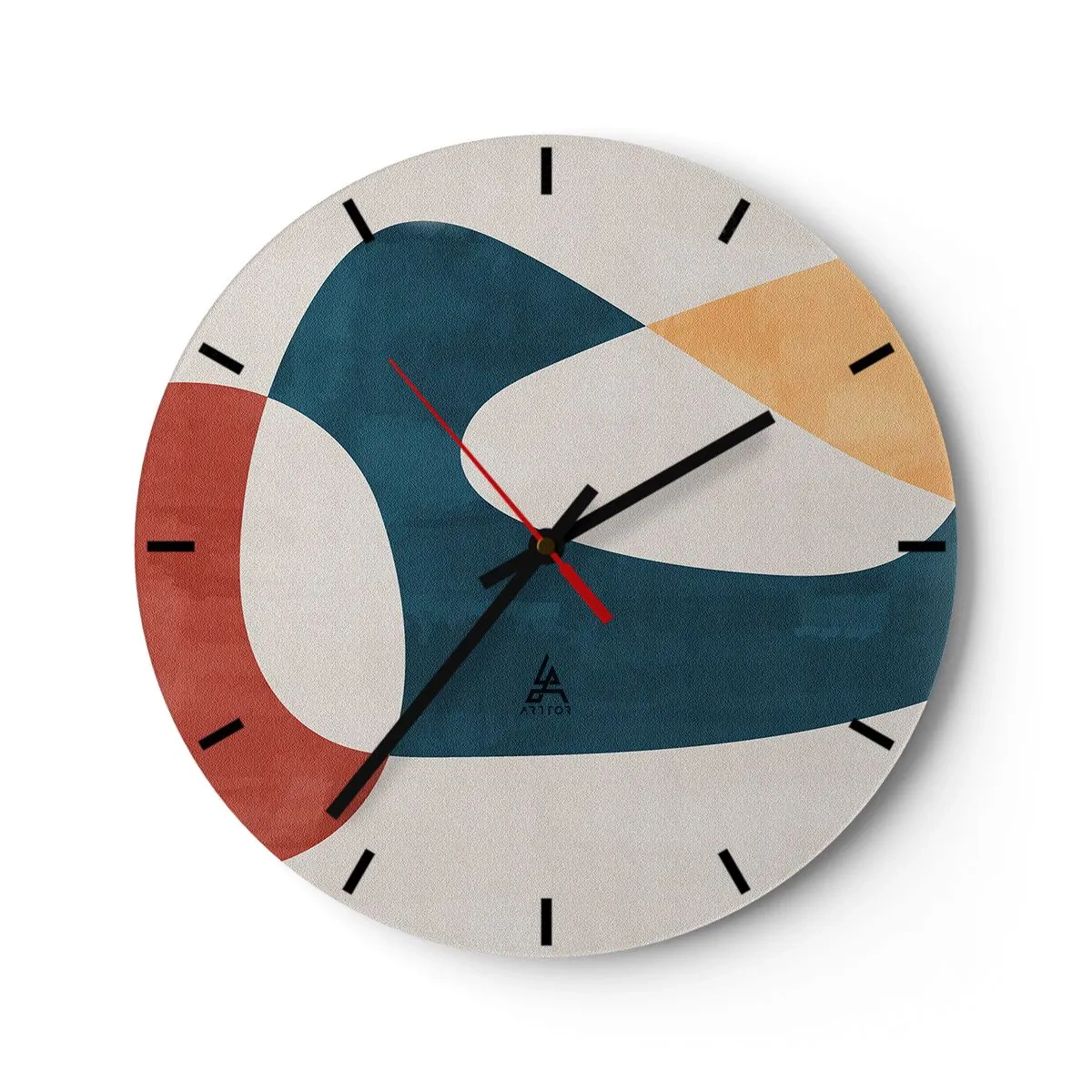 Reloj de pared - Reloj de vidrio - Formas abstractas en tonos rojo, azul marino y beige. - 30x30cm - Influencias y metamorfosis - Decoración de pared moderna para salón, cocina y dormitorio ARTTOR
