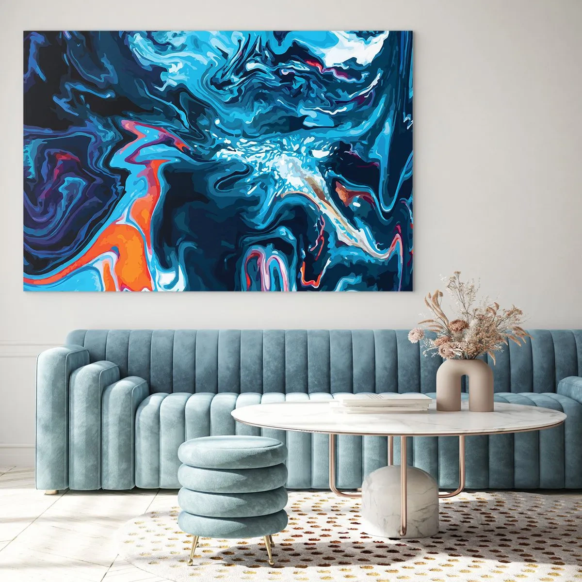 Cuadro sobre vidrio - Impresiones sobre Vidrio - Un patrón abstracto en tonos azules con acentos de rojo y blanco. - 120x80cm - Un viaje al cielo - Decoración de pared moderna para salón y dormitorio ARTTOR