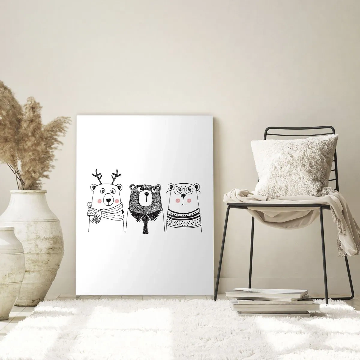 Cuadro sobre vidrio - Impresiones sobre Vidrio - Tres osos divertidos en una ilustración en blanco y negro - 50x70cm - Tres osos - Decoración de pared moderna para salón y dormitorio ARTTOR