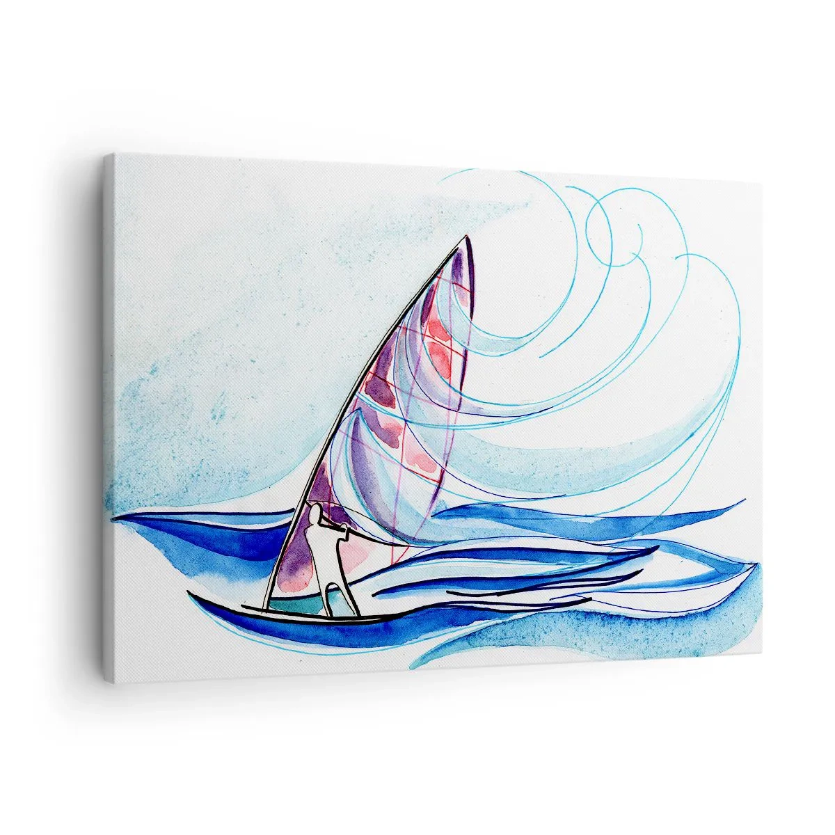 Cuadro sobre lienzo - Impresión de Imagen - Un surfista montando las olas en una composición abstracta de acuarela. - 70x50cm - Con el viento al ritmo de las olas - Decoración de pared moderna para salón y dormitorio ARTTOR