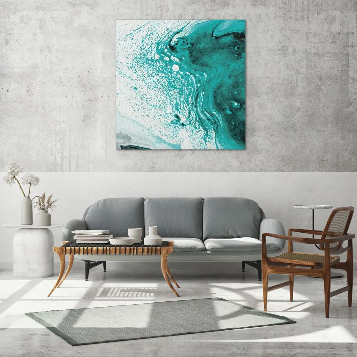 Cuadro sobre vidrio - Impresiones sobre Vidrio - Disolución en blanco y turquesa - 40x40 cm