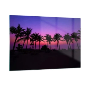 Cuadro sobre vidrio - Impresiones sobre Vidrio - Palmeras con el telón de fondo de una puesta de sol de color rosa púrpura. - 120x80cm - Atardecer bajo las palmeras - Decoración de pared moderna para salón y dormitorio ARTTOR