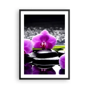 Póster en marco negro - Una orquídea violeta sobre un fondo de piedras y agua en un entorno tipo spa. - 50x70cm - Ahogarse en la paz y la tranquilidad - Decoración de pared moderna para salón y dormitorio ARTTOR
