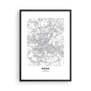 Póster en marco negro - Mapa en blanco y negro de Roma con calles y monumentos detallados - 50x70cm - El círculo romano - Decoración de pared moderna para salón y dormitorio ARTTOR