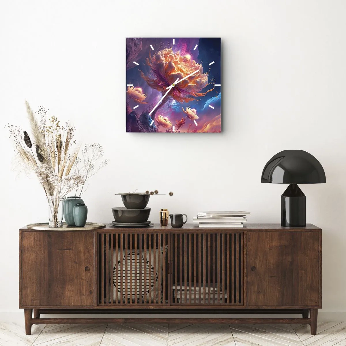 Reloj de pared - Reloj de vidrio - Flores de fantasía en un paisaje cósmico. - 30x30cm - Otro mundo - Decoración de pared moderna para salón y dormitorio ARTTOR