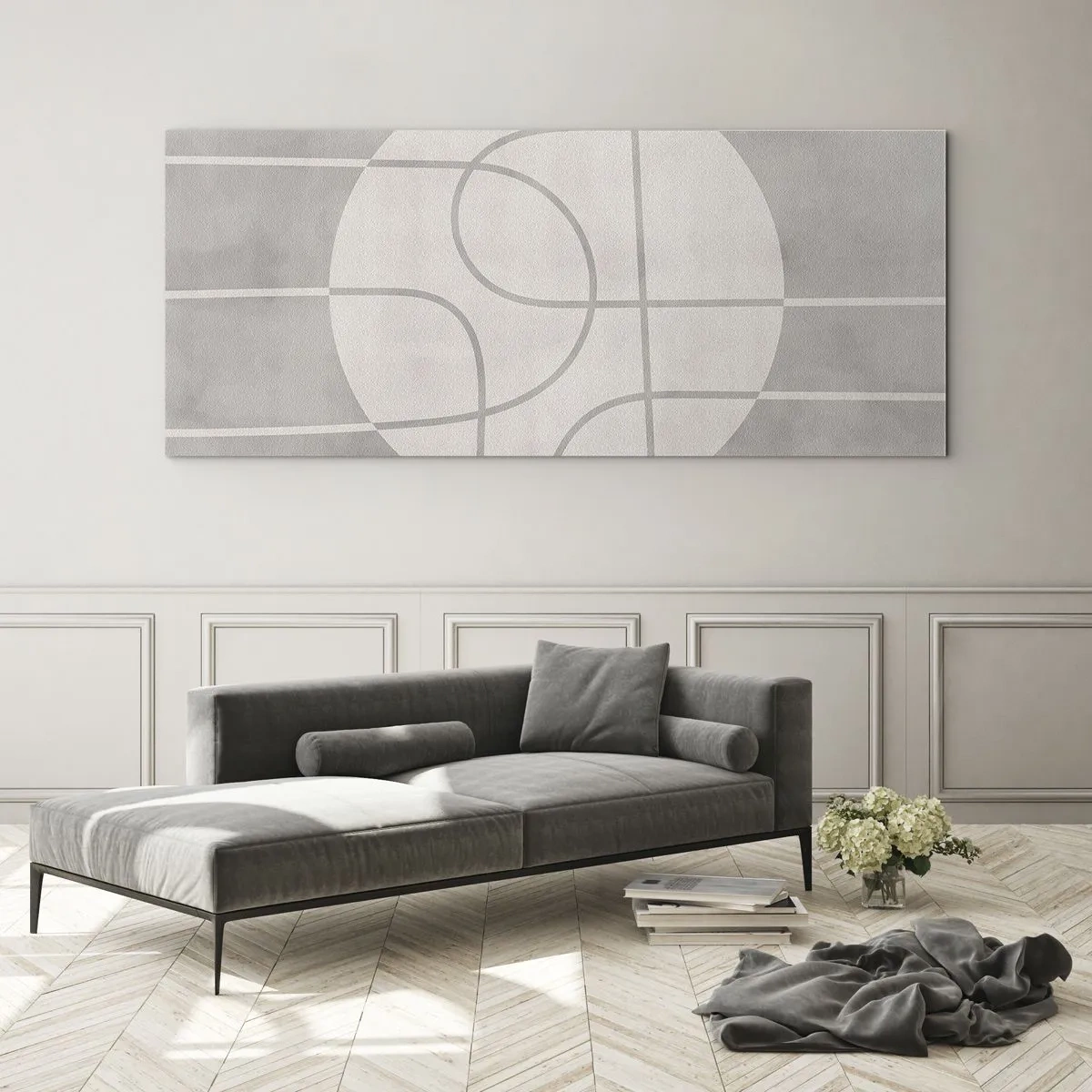 Cuadro sobre vidrio - Impresiones sobre Vidrio - Patrón geométrico en tonos grises y blancos. - 160x50cm - Circular y rectilíneo - Decoración de pared moderna para salón y dormitorio ARTTOR