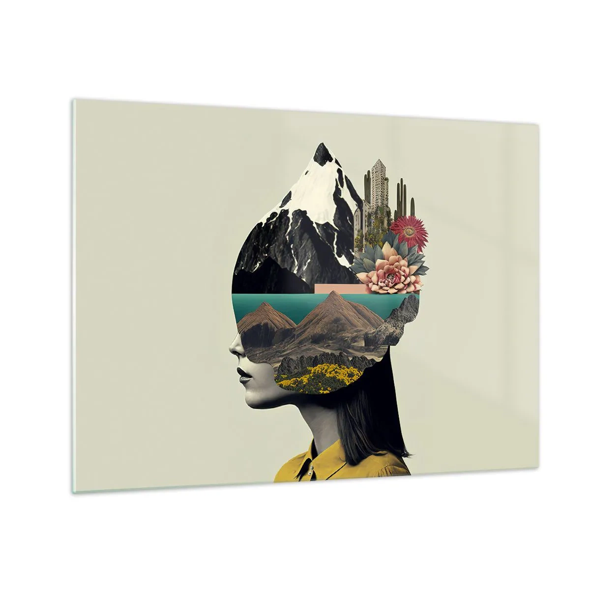 Cuadro sobre vidrio - Impresiones sobre Vidrio - Silueta de una mujer con un paisaje de montaña y flora en su cabeza. - 70x50cm - La mujer, siempre un misterio - Decoración de pared moderna para salón y dormitorio ARTTOR