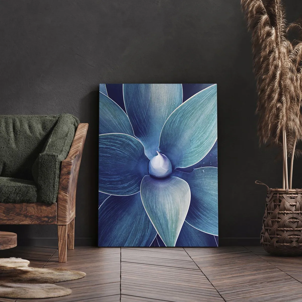 Cuadro sobre lienzo - Impresión de Imagen - Primer plano de una flor abstracta en tonos azules. - 50x70cm - Azul del cielo - Decoración de pared moderna para salón y dormitorio ARTTOR