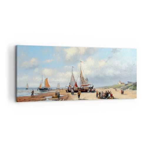 Cuadro sobre lienzo - Impresión de Imagen - Barcos de pesca en la playa con figuras humanas - 120x50cm - Después de una pesca exitosa - Decoración de pared moderna para salón y dormitorio ARTTOR