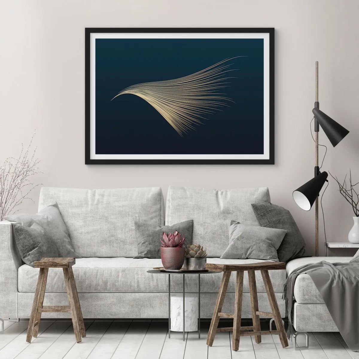 Póster en marco negro - Una delicada línea similar a una pluma sobre un fondo azul marino. - 100x70cm - Como el cabello de un ángel - Decoración de pared moderna para salón y dormitorio ARTTOR