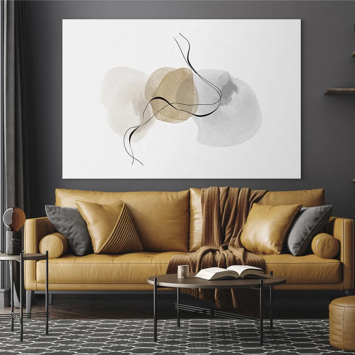 Cuadro sobre vidrio - Impresiones sobre Vidrio - Una abstracción sutil con manchas pastel y líneas negras. - 100x70cm - Pompas de aire - Decoración de pared moderna para salón y dormitorio ARTTOR