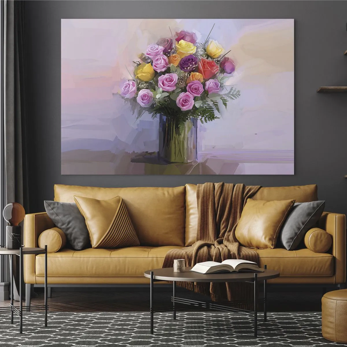 Cuadro sobre vidrio - Impresiones sobre Vidrio - Un ramo de rosas en un jarrón de cristal sobre un fondo pastel. - 100x70cm - Belleza inmortalizada - Decoración de pared moderna para salón y dormitorio ARTTOR