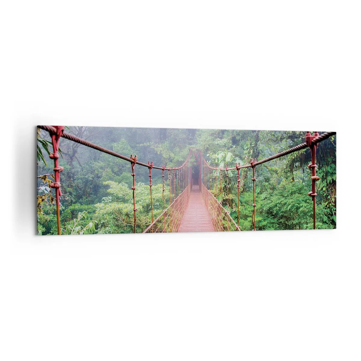 Cuadro sobre lienzo - Impresión de Imagen - Un puente colgante en una selva tropical rodeado de niebla. - 160x50cm - Suspendido sobre las copas - Decoración de pared moderna para salón y dormitorio ARTTOR