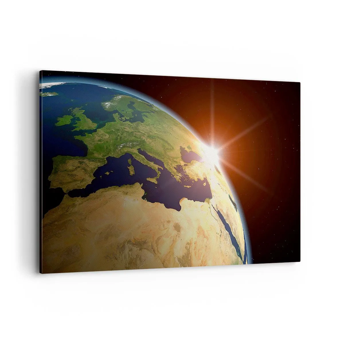 Cuadro sobre lienzo - Impresión de Imagen - Vista de la Tierra desde el espacio con rayos de sol en el horizonte - 120x80cm - Amanecer - Decoración de pared moderna para salón y dormitorio ARTTOR