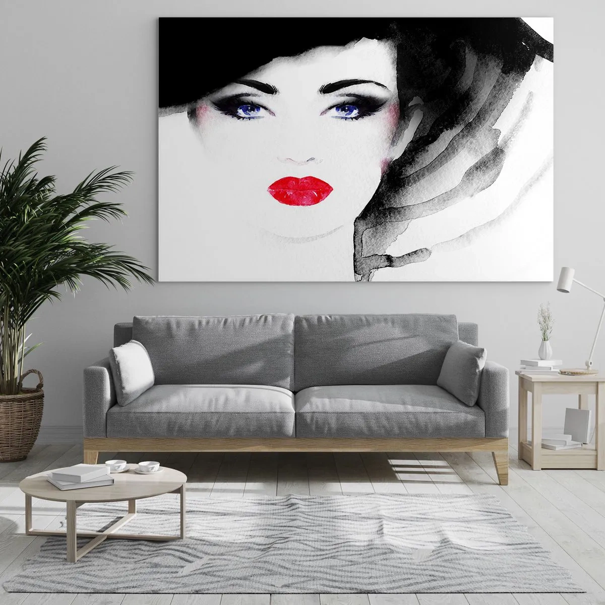 Cuadro sobre vidrio - Impresiones sobre Vidrio - Retrato de una mujer con labios rojos expresivos y un sombrero negro. - 70x50cm - Lenguaje no verbal - Decoración de pared moderna para salón y dormitorio ARTTOR