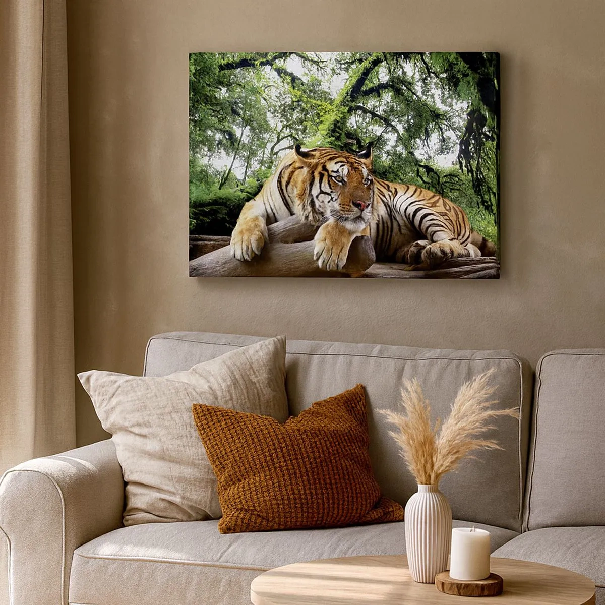 Cuadro sobre lienzo - Impresión de Imagen - Un tigre descansando en un bosque tropical. - 70x50cm - Atentamente - Decoración de pared moderna para salón y dormitorio ARTTOR