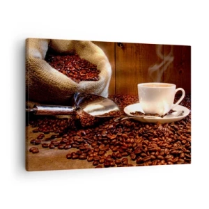 Cuadro sobre lienzo - Impresión de Imagen - Una taza de café con granos de café y una bolsa de granos al fondo. - 70x50cm - ¿Hueles eso? - Decoración de pared moderna para salón y dormitorio ARTTOR
