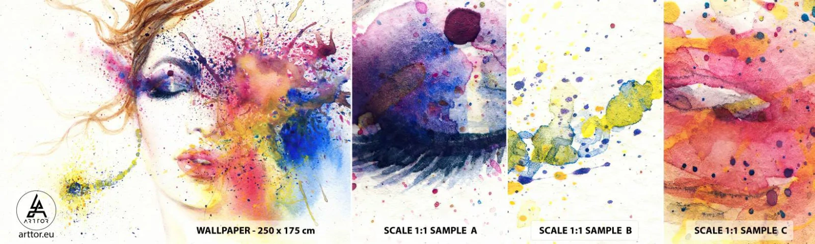 Muestra de fotomural autoadhesivo Deluxe Sticker - Vértigo del arco iris - Abstracción, cara de mujer, retrato de una mujer - 100x30 cm