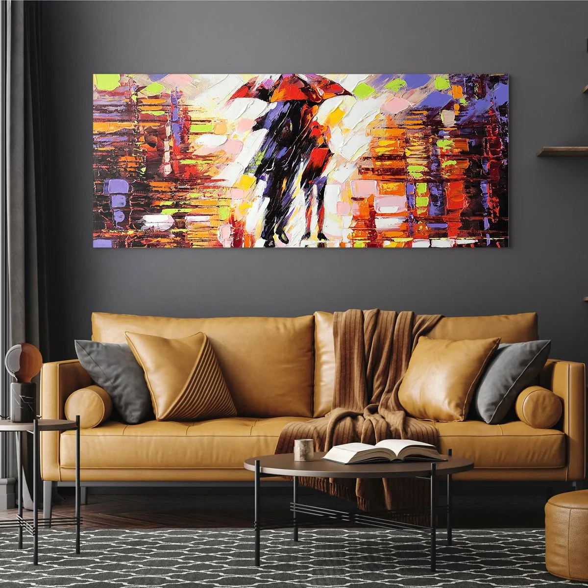 Cuadro sobre vidrio - Impresiones sobre Vidrio - Una escena abstracta de un paseo bajo un paraguas en una noche lluviosa. - 140x50cm - Juntos a través de la noche y la lluvia - Decoración de pared moderna para salón y dormitorio ARTTOR
