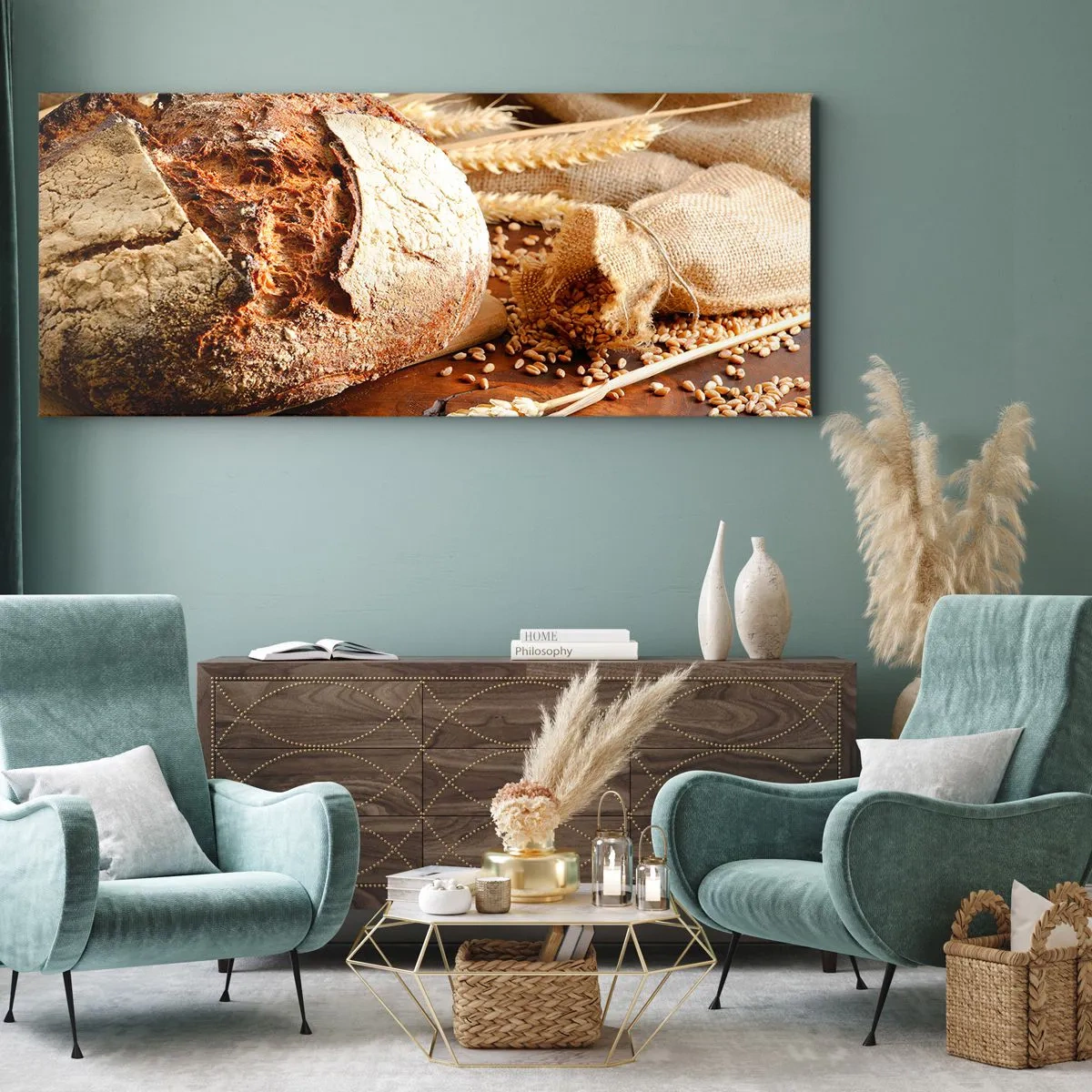 Cuadro sobre lienzo - Impresión de Imagen - Pan crujiente con cereales y espigas de trigo sobre un fondo de madera - 160x50cm - Apetitoso, fragante, crujiente - Decoración de pared moderna para salón y dormitorio ARTTOR
