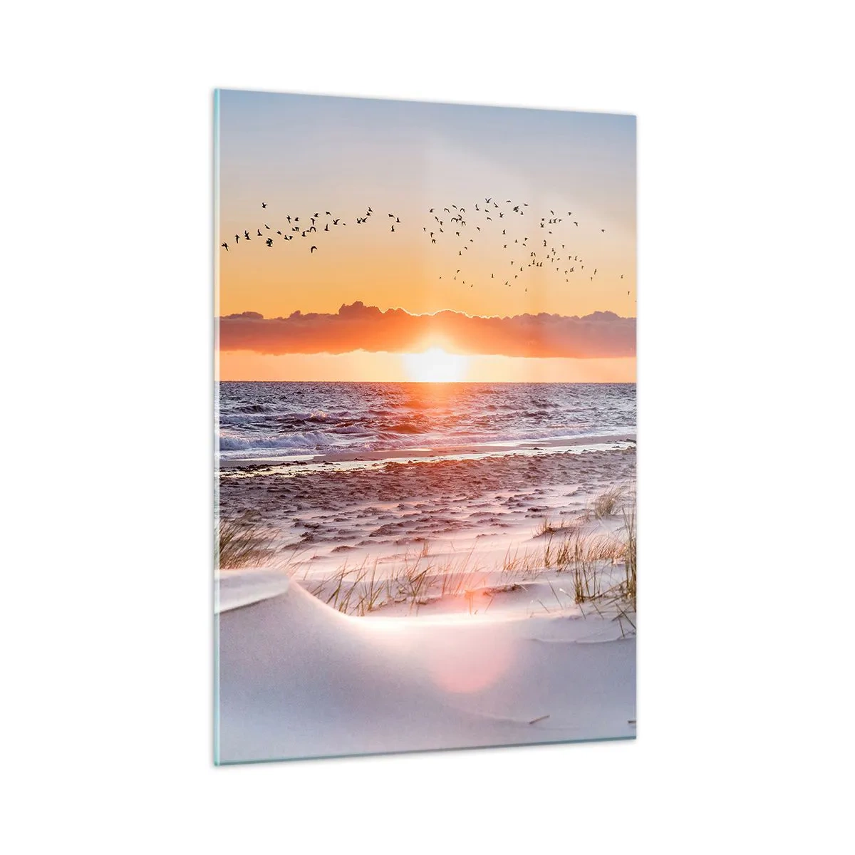 Cuadro sobre vidrio - Impresiones sobre Vidrio - Puesta de sol sobre el mar con pájaros y dunas de arena. - 50x70cm - Paisaje horizontal - Decoración de pared moderna para salón y dormitorio ARTTOR