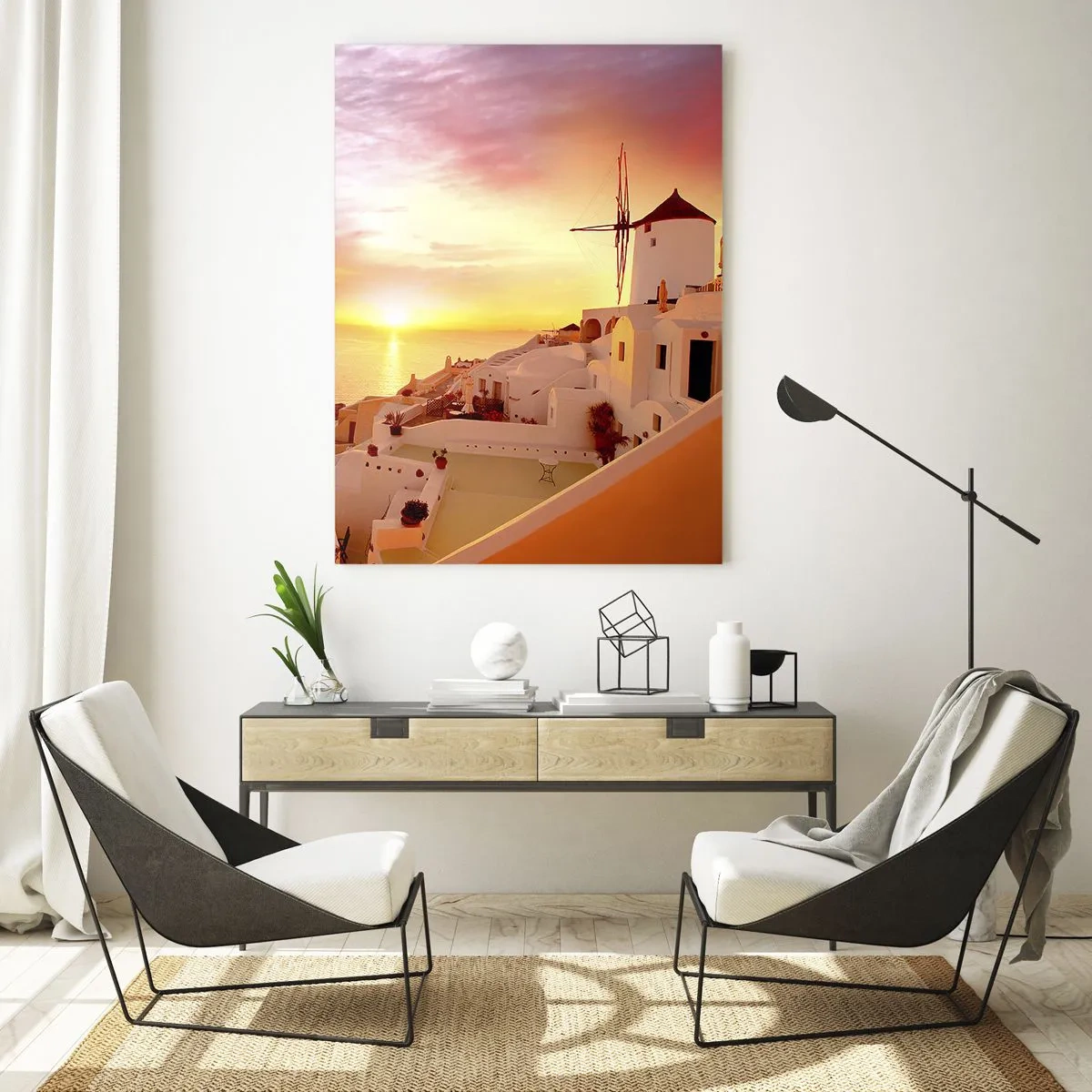 Cuadro sobre vidrio - Impresiones sobre Vidrio - Puesta de sol sobre Santorini con edificios blancos y un molino de viento - 50x70cm - Blanco y dorado - Decoración de pared moderna para salón y dormitorio ARTTOR