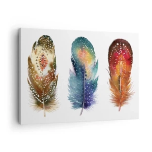 Cuadro sobre lienzo - Impresión de Imagen - Tres plumas de colores con patrones artísticos sobre un fondo claro. - 70x50cm - Rituales, ceremonias, secretos - Decoración de pared moderna para salón y dormitorio ARTTOR
