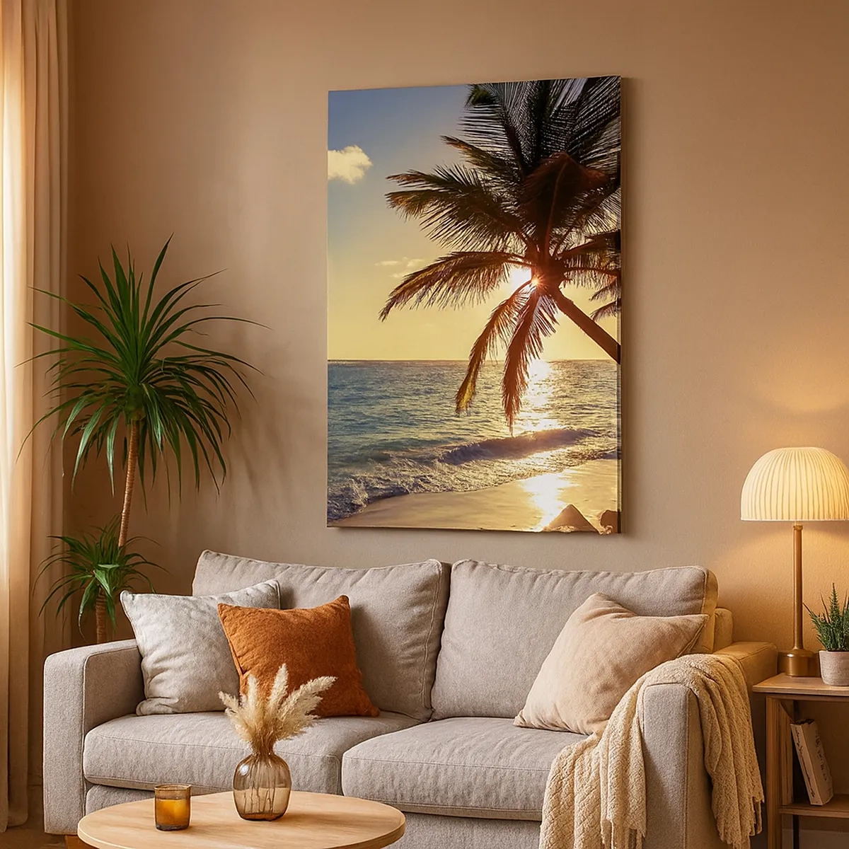 Cuadro sobre lienzo - Impresión de Imagen - Atardecer tropical sobre una playa con palmeras - 50x70cm - Verano bajo las palmeras - Decoración de pared moderna para salón y dormitorio ARTTOR
