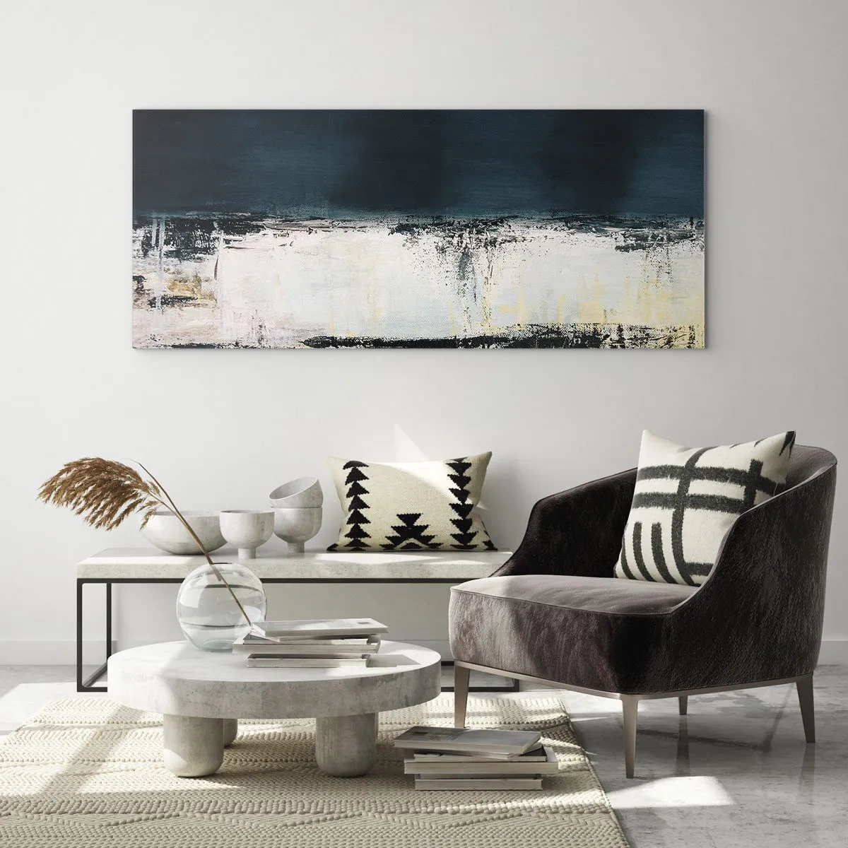 Cuadro sobre vidrio - Impresiones sobre Vidrio - Composición horizontal abstracta en tonos azul marino y blanco. - 120x50cm - Composición horizontal - Decoración de pared moderna para salón y dormitorio ARTTOR