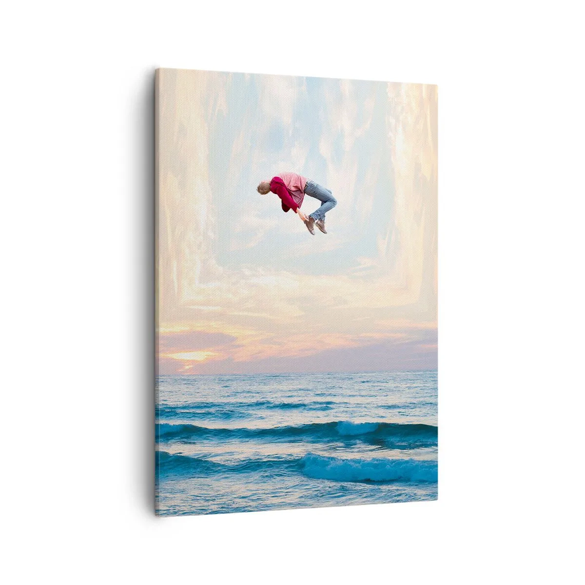 Cuadro sobre lienzo - Impresión de Imagen - Salto surrealista sobre el mar en el marco. - 50x70cm - A otra dimensión - Decoración de pared moderna para salón y dormitorio ARTTOR