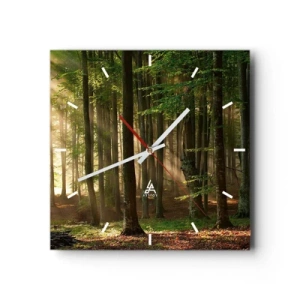 Reloj de pared - Reloj de vidrio - Los rayos del sol penetran a través de los árboles en el bosque. - 30x30cm - Radiante en una mañana de primavera - Decoración de pared moderna para salón y dormitorio ARTTOR