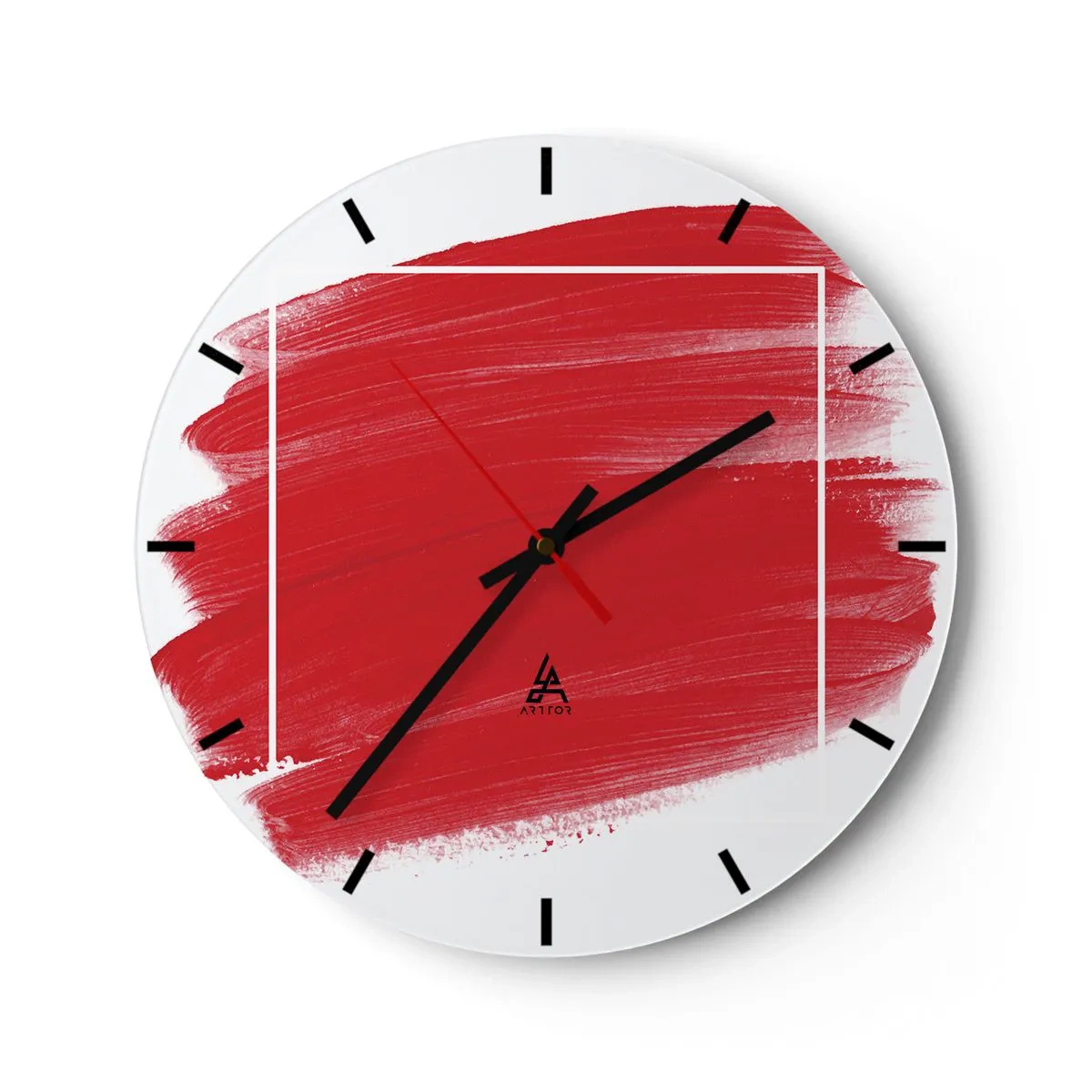 Reloj de pared - Reloj de vidrio - Trazo de pincel rojo cruzando un borde blanco - 30x30cm - Fuera del marco - Decoración de pared moderna para salón, cocina y dormitorio ARTTOR