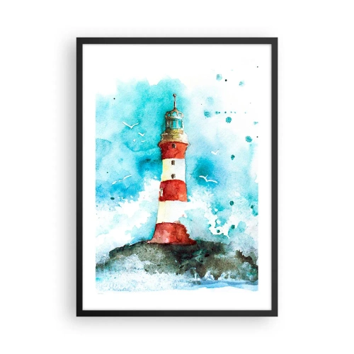 Póster en marco negro - Faro estilo acuarela con olas del mar - 50x70cm - La unidad de los elementos - Decoración de pared moderna para salón y dormitorio ARTTOR