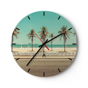 Reloj de pared - Reloj de vidrio - Palmeras y playa con paseo marítimo junto al mar turquesa - 30x30cm - En la playa - Decoración de pared moderna para salón, cocina y dormitorio ARTTOR